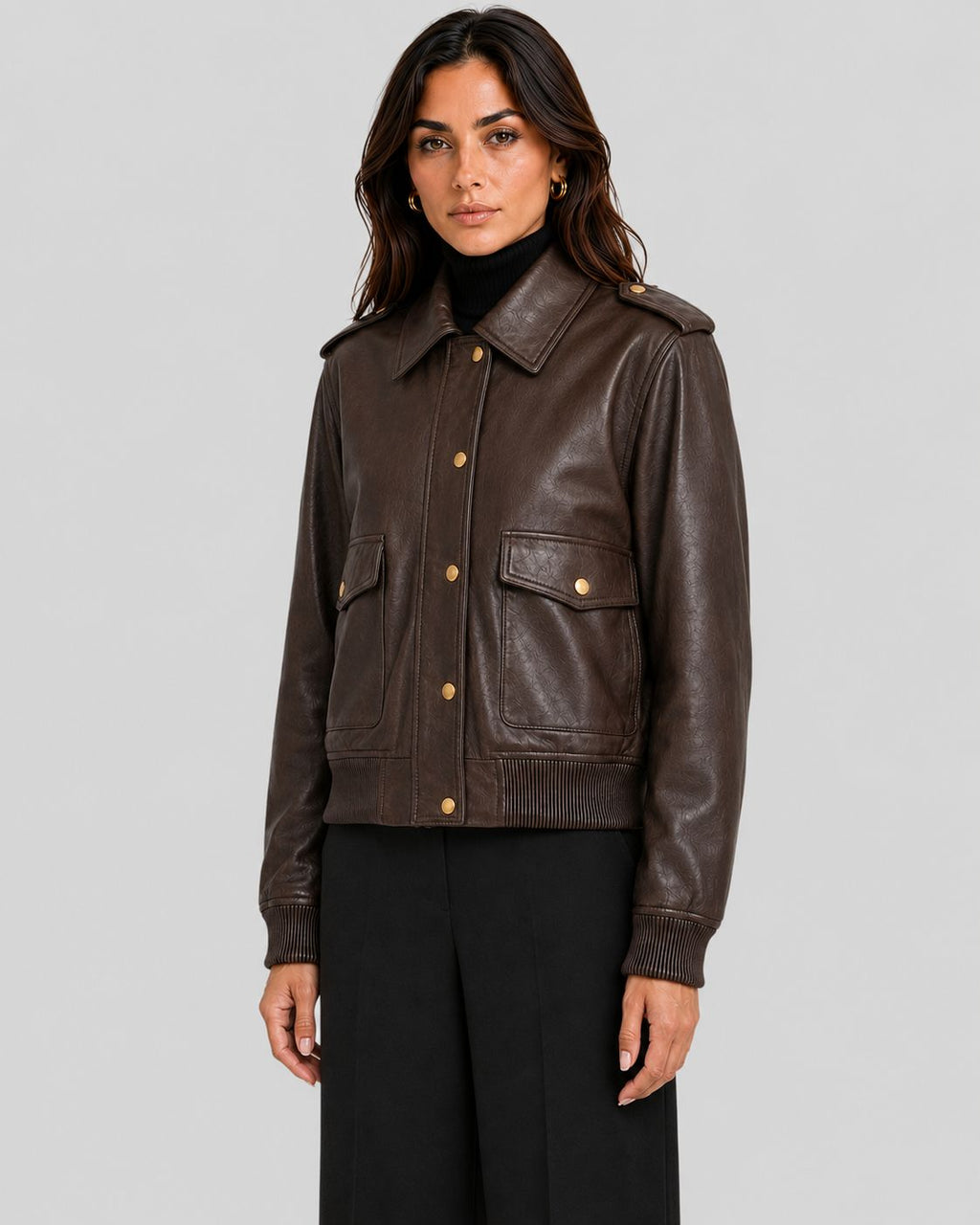 Command Luxe | Dark Brown Leather Cropped Bomber Jacket