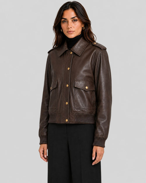 Command Luxe | Dark Brown Leather Cropped Bomber Jacket