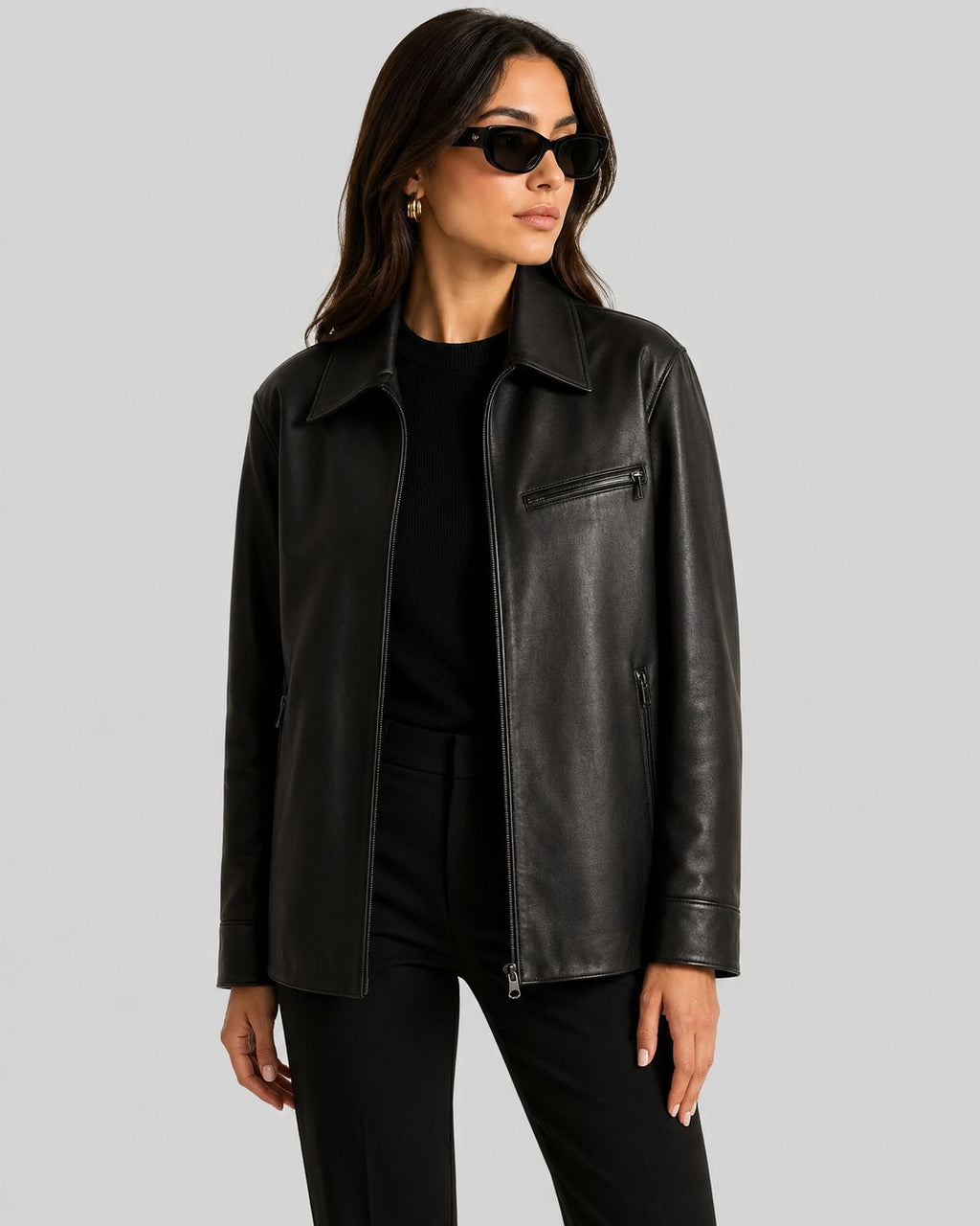 Urban Edge | Black Leather Zip-Up Bomber Jacket for Women