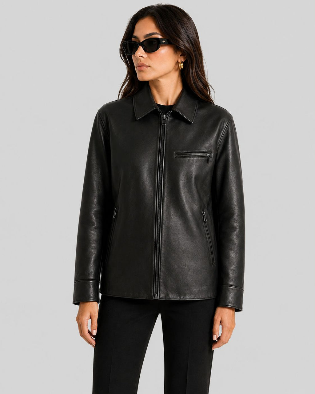 Urban Edge | Black Leather Zip-Up Bomber Jacket for Women