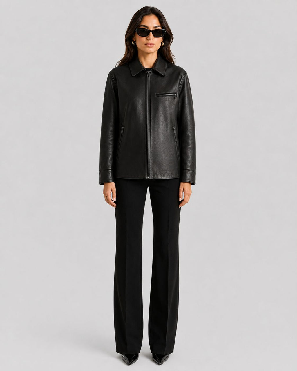 Urban Edge | Black Leather Zip-Up Bomber Jacket for Women