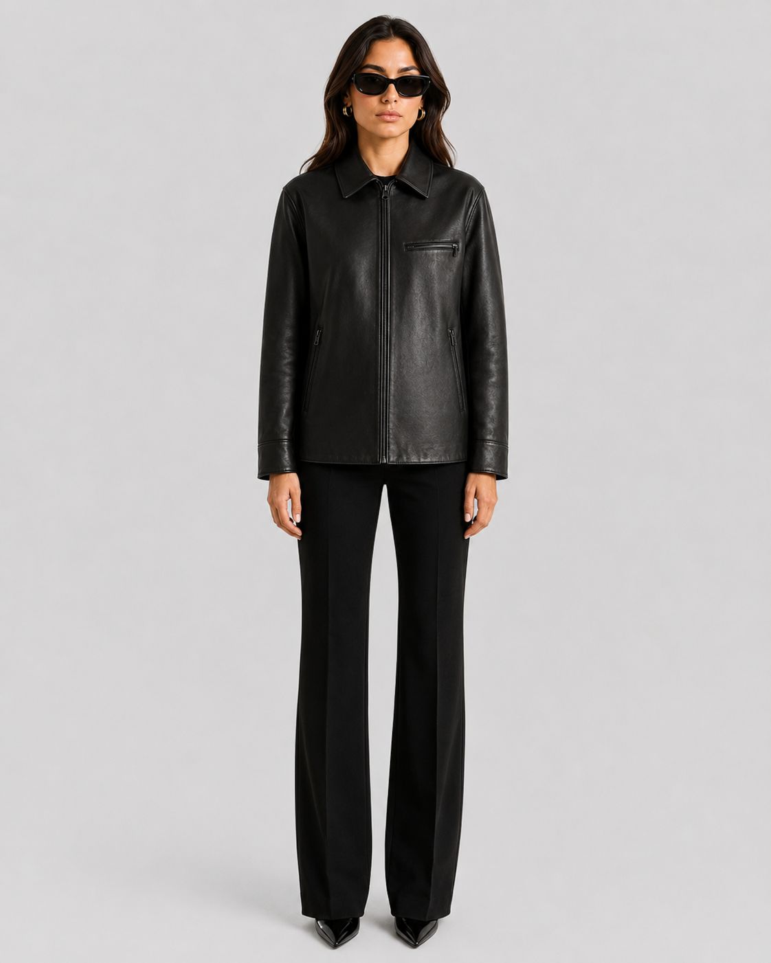 Urban Edge | Black Leather Zip-Up Bomber Jacket for Women
