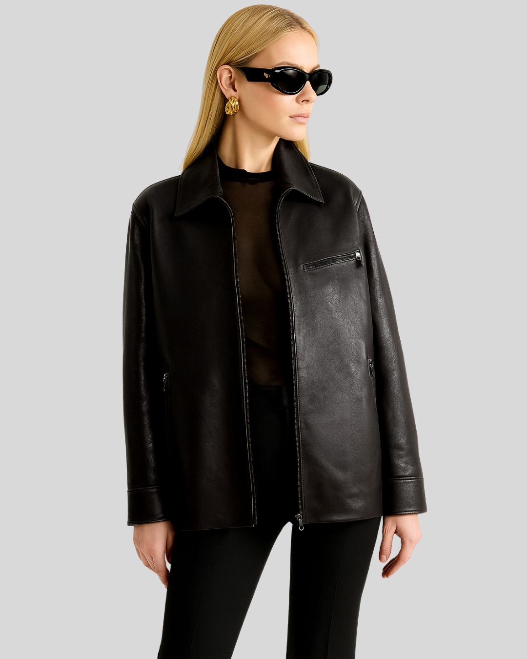 Urban Edge Black Leather Zip Up Bomber Jacket For Womens