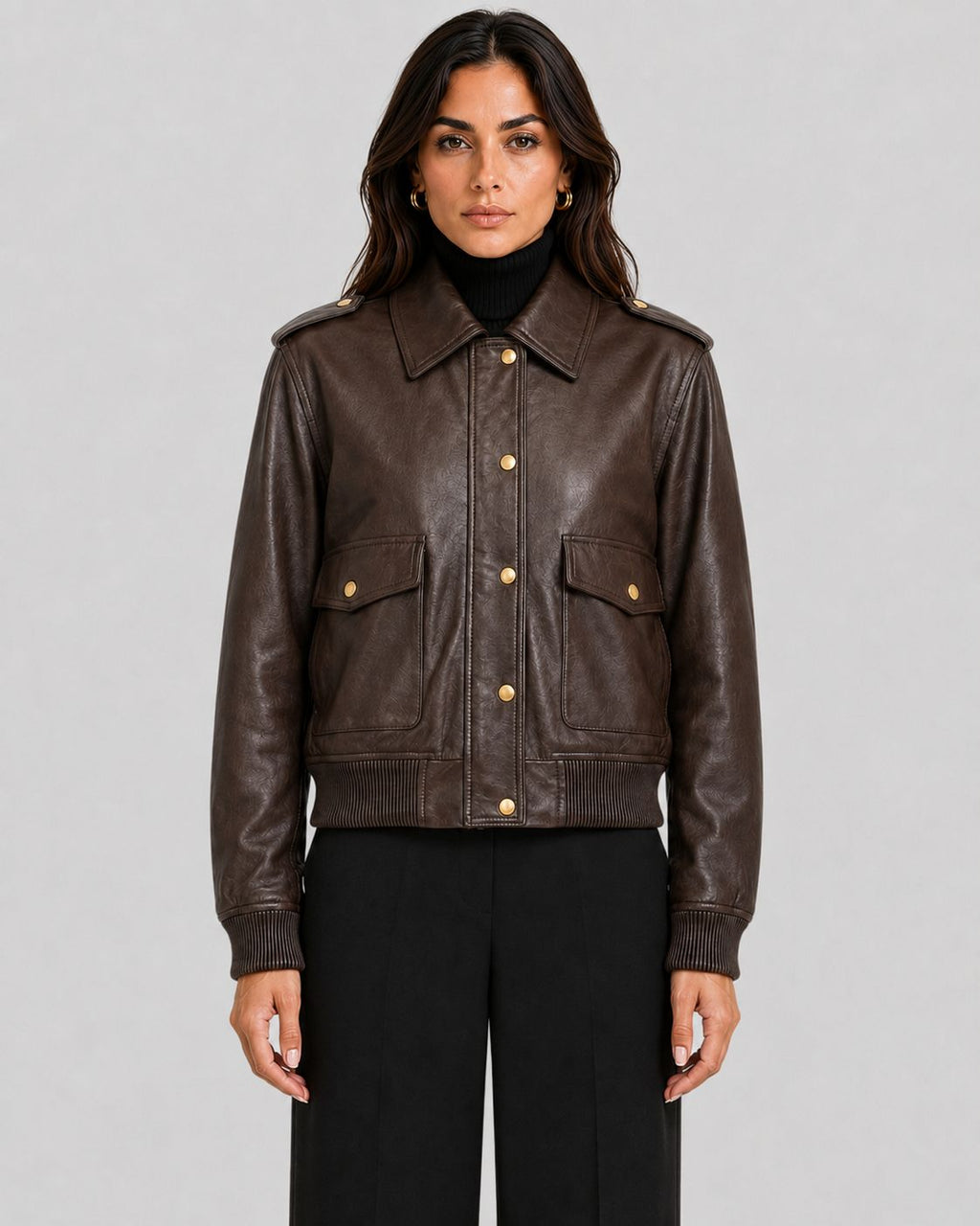 Command Luxe | Dark Brown Leather Cropped Bomber Jacket