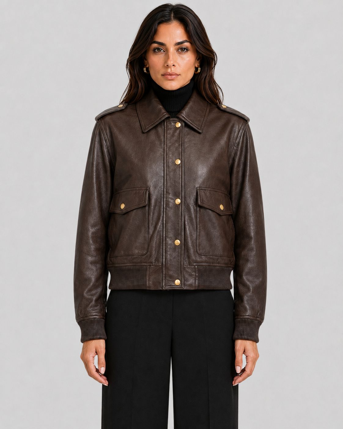 Command Luxe | Dark Brown Leather Cropped Bomber Jacket
