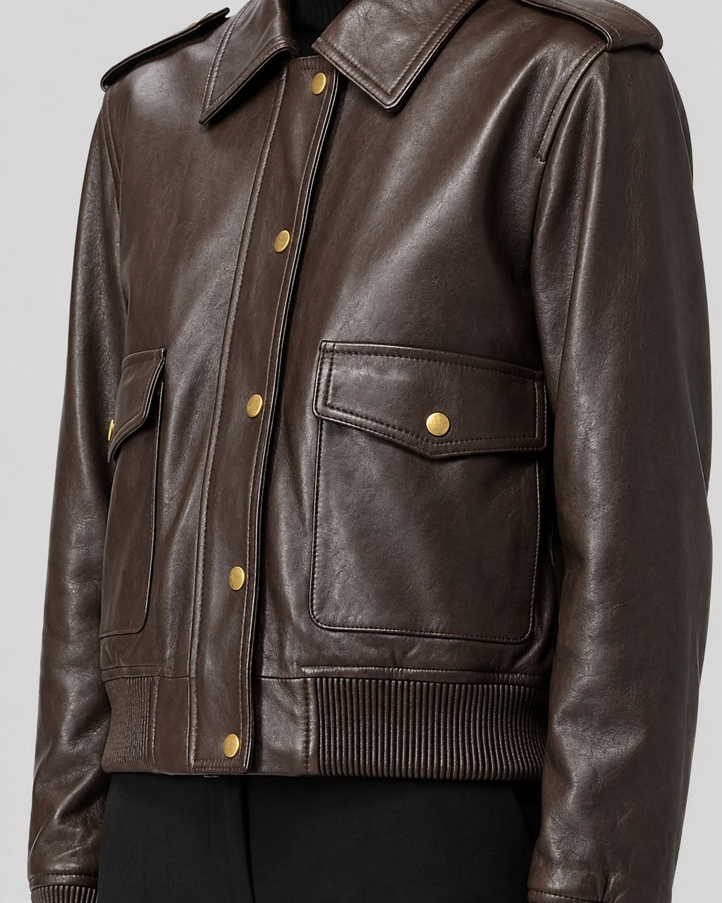Command Luxe | Dark Brown Leather Cropped Bomber Jacket