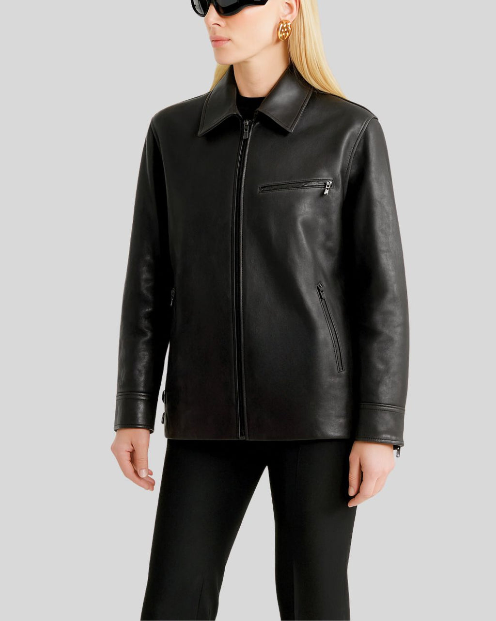 Urban Edge Black Leather Zip Up Bomber Jacket For Womens