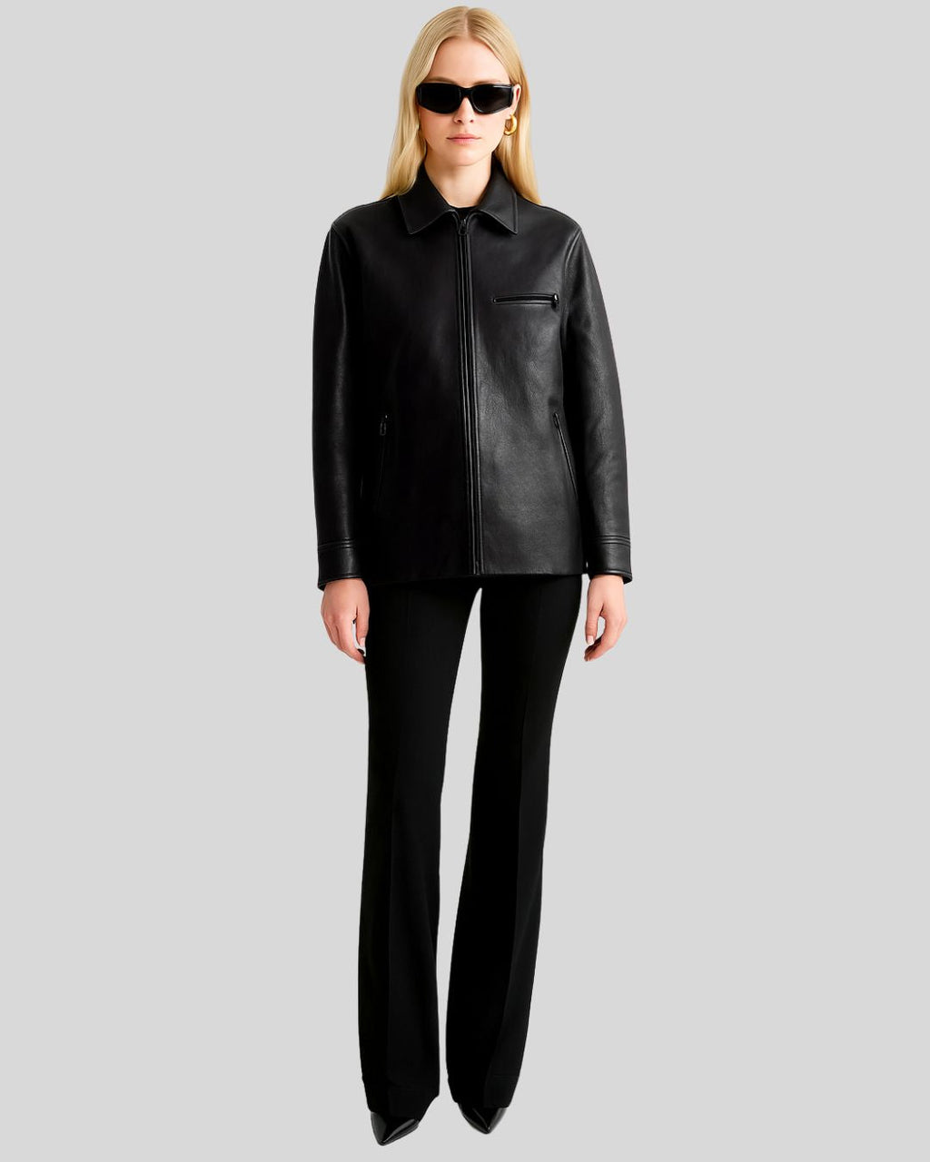 Urban Edge Black Leather Zip Up Bomber Jacket For Womens